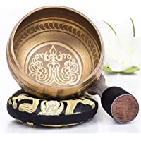 Silent Mind ~ Juego De Cuencos Tibetanos ~ Diseño Mantra de Bronce ~ Con Mazo De Superficie Doble Y Cojín De Seda…